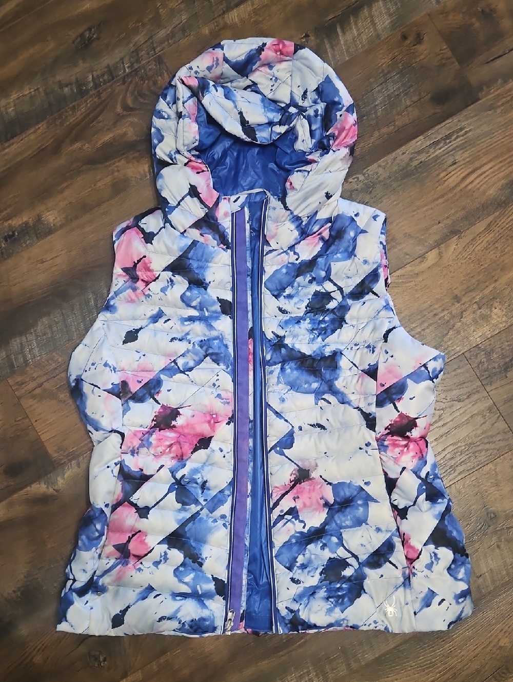 Spyder Women's Hooded Puffer Vest in White, Blue & Pink